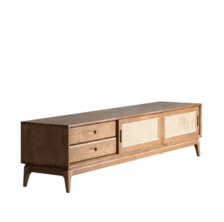 Living Room Furniture Natural Wood Sliding Rattan Door Flat TV Frame TV Cabinet