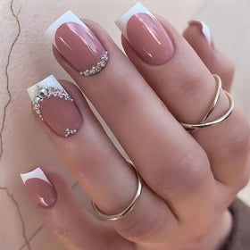 OEM/ODM Nude White Colour Design Fashion Wholesale Diamond Square False Nail Artificial Nail Press on Nails