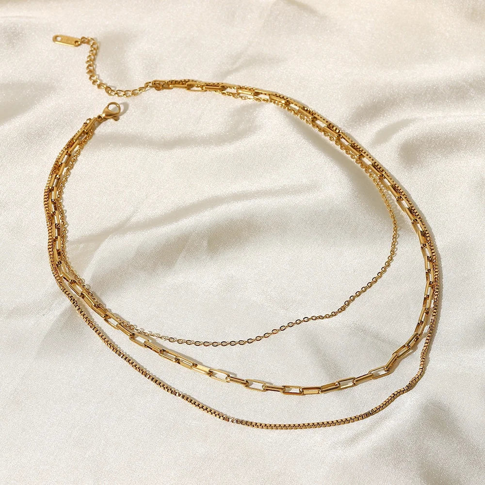 New Vintage Gold Plated Paperclip Box Chain Layered Stainless Steel Link Chains Triple Layer Fashion Jewelry Chokers Necklaces