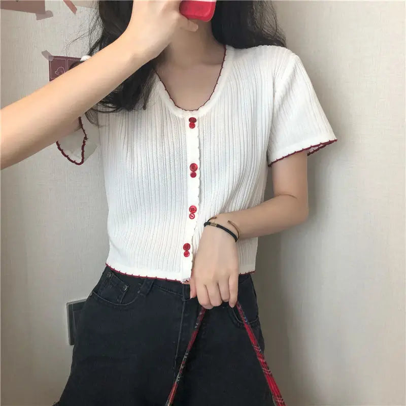 2022 Summer Women's Casual Knit Pullover T-Shirt Korean Short Sleeve O-Neck with Button Decor Solid Pattern Top for Girls