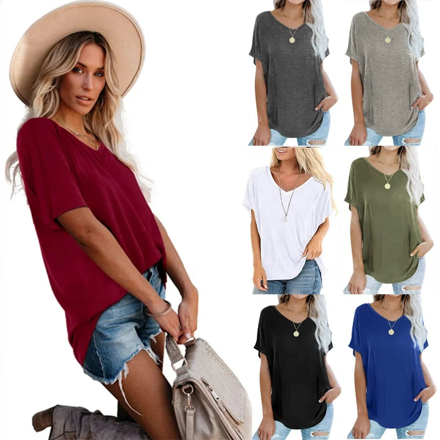 Hot Selling V-neck Solid Loose Short Sleeve T-shirt for Women Custom Design