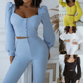 Office Lady Blazer Suits Vintage Two Piece Set Women Long Sleeve Short Blazer  High Waist Wide Leg Long Pants 2 Piece Outfits