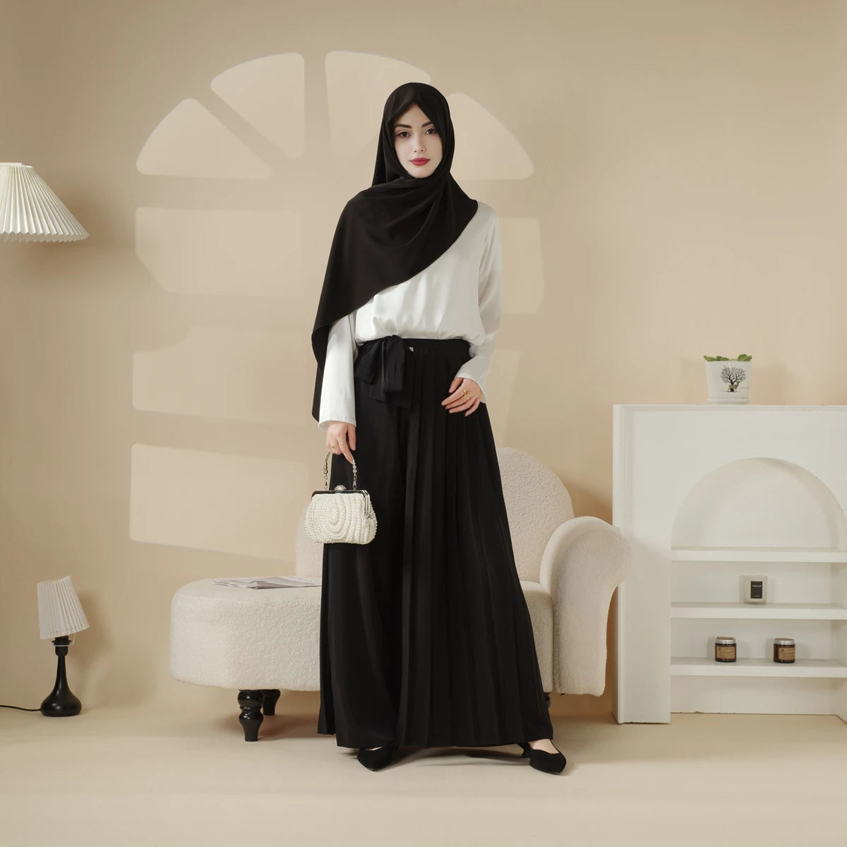 Muslim Women's Fall Winter Fashion Set Long-Sleeved Pleated Overskirt Tops Wide-Cut Pants 3-Piece Anti-Static Plus Size Clothing