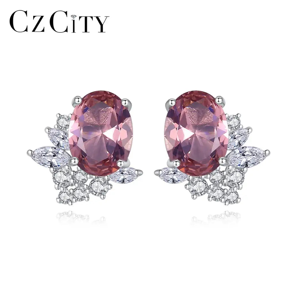 CZCITY 925 Sterling Silver New Design Flower Earrings Morgan Stone Pink Crystal Wedding Earring Stud