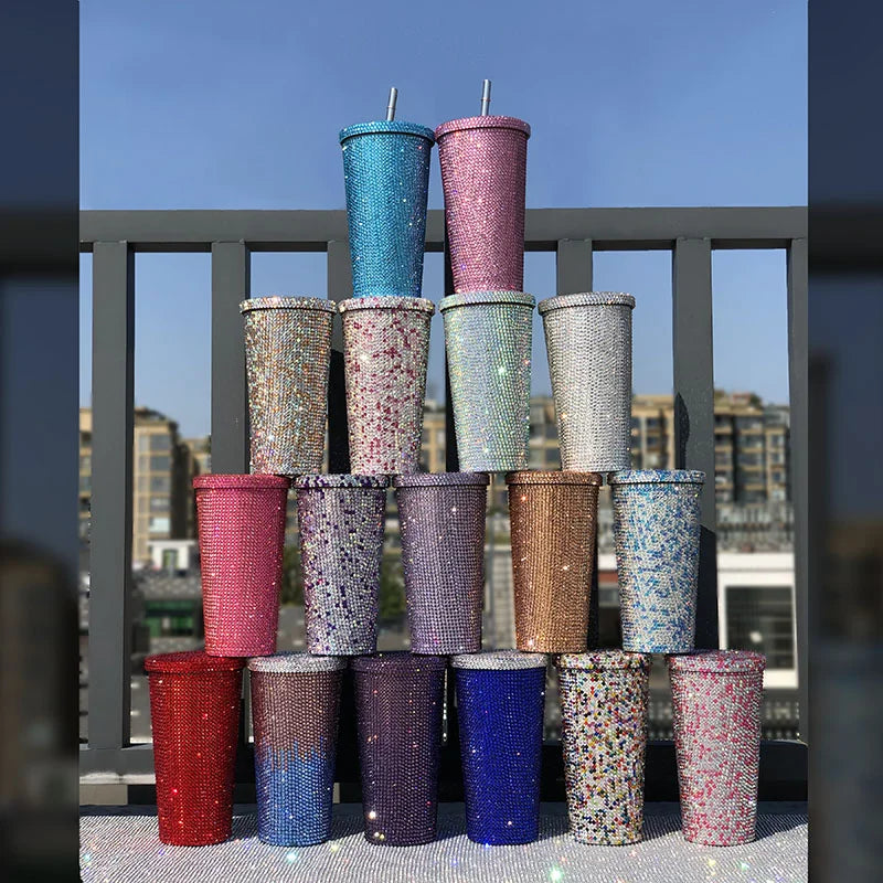 Rainbow Cup Colorful Unique Bling Rhinestone Gem Beverage Coffee Cup Bottle OEM Customer Design Pop Christmas Gift for Family