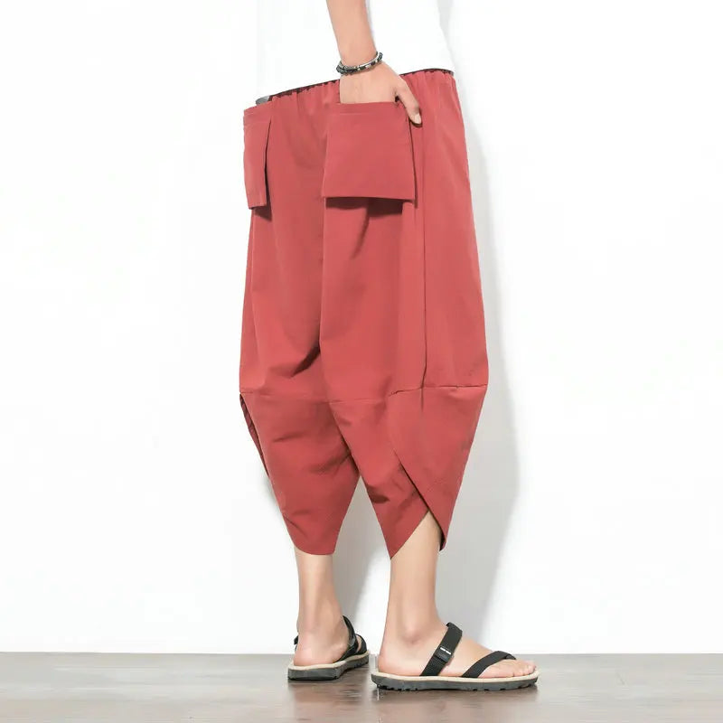 Summer Cotton Harem Pants Men Casual Hip Hop Trousers Cross Bloomers Calf-Length Pants Joggers Streetwear
