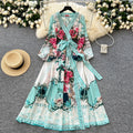 Europe and the United States Fashion V-neck With Lantern Sleeve Printed Split Dress