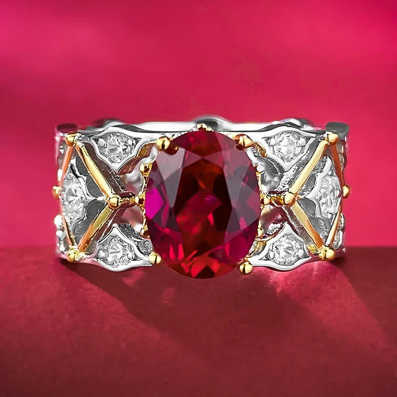 Vintage 925 Sterling Silver 7*9mm Pigeon Blood Red Zircon Ring