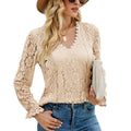 RNSHANGER Lace Spliced V-Neck Long Sleeve Female Blouses Autumn Solid Color Fashion Elegant Hollow Out Women Blouse Shirts