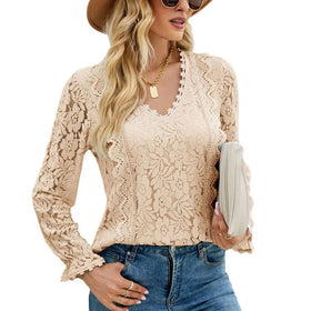 RNSHANGER Lace Spliced V-Neck Long Sleeve Female Blouses Autumn Solid Color Fashion Elegant Hollow Out Women Blouse Shirts