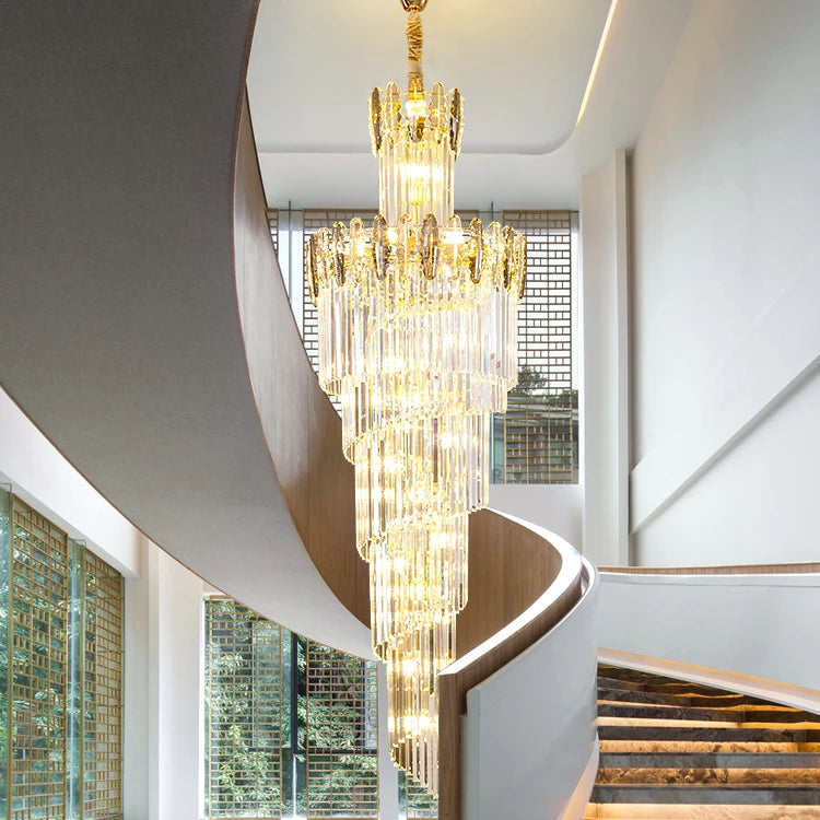 Large Modern Crystal Chandelier for Staircase Luxury Amber Smoky Gray Home Decor Hanging Light Fixture Long Hall Lobby Led Lamp