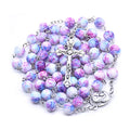 8mm Glass Bead Handmade Curved Cross Patterned Rosary Necklace Catholic Prayer Holy Scripture Religious Jewelry