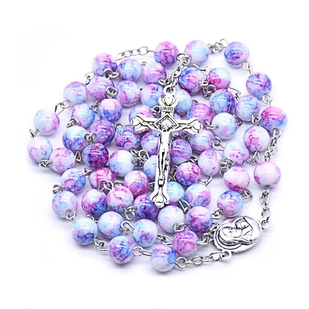 8mm Glass Bead Handmade Curved Cross Patterned Rosary Necklace Catholic Prayer Holy Scripture Religious Jewelry
