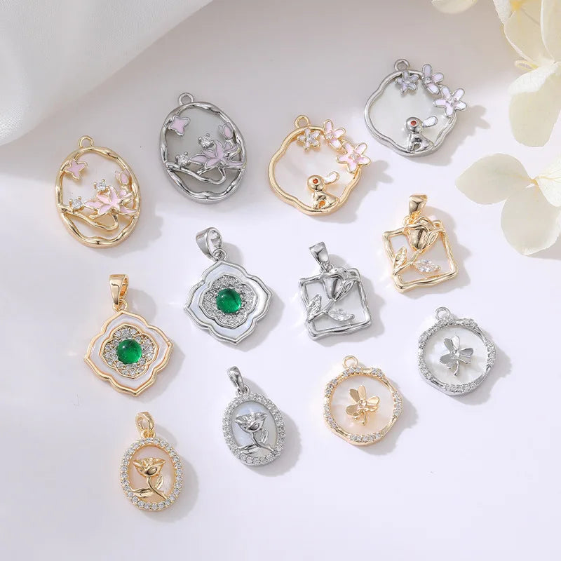 14K Gold Plated Zircon Pendant Rose Flower Rabbit Necklace Diy Jewelry Shell Pearl Embossed