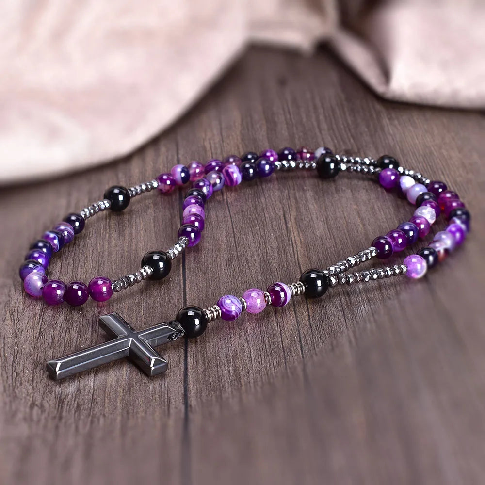 8mm Purple Lace Agate Catholic Christ Rosary Necklaces for Women Hematite Cross Pendant Mala Jewelry Gift