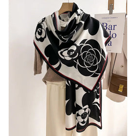 Ladies Luxury Designer Black White Flower Print Viscose Scarves Women Shawls High Quality 66*178cm Muslim Head Hair Scarf Hijab