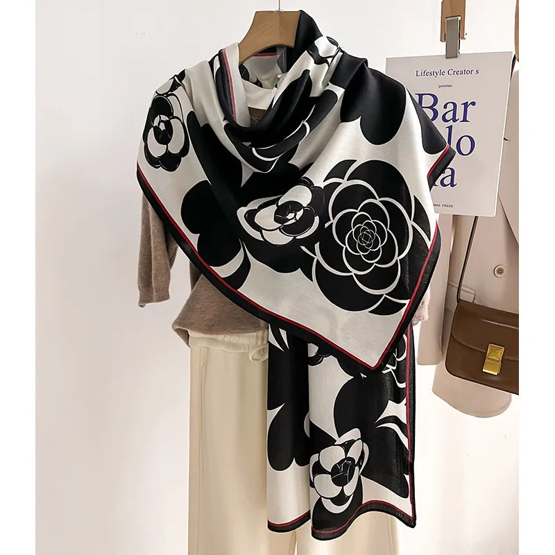 Ladies Luxury Designer Black White Flower Print Viscose Scarves Women Shawls High Quality 66*178cm Muslim Head Hair Scarf Hijab