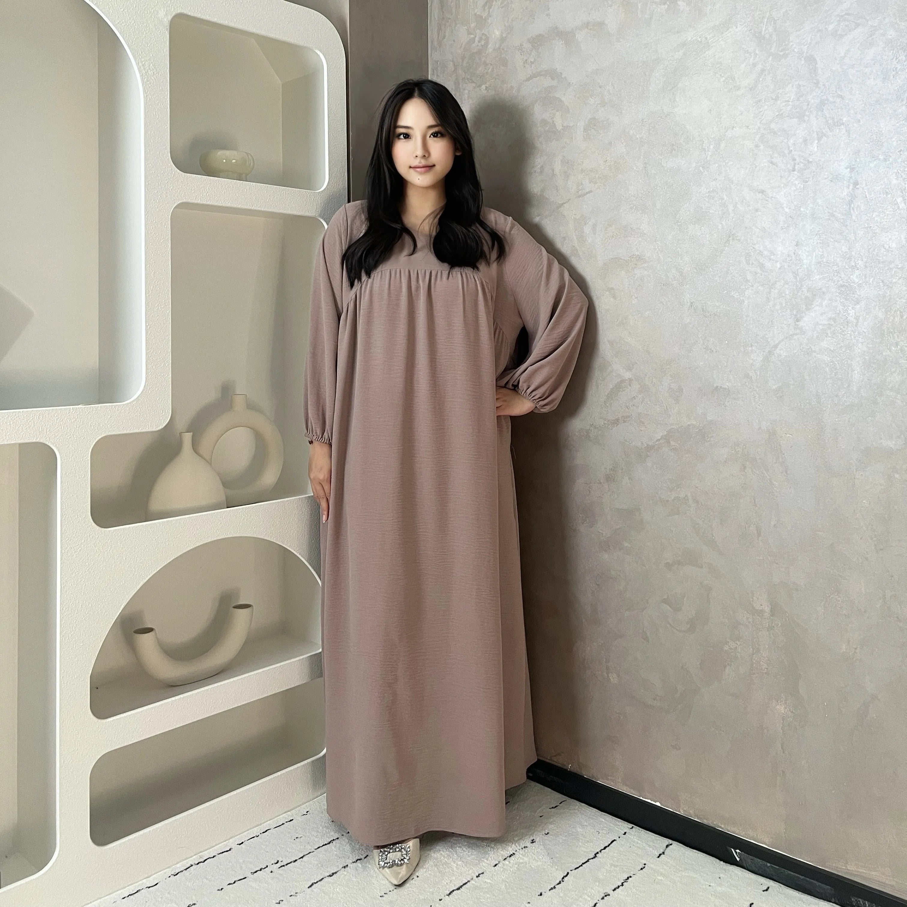 LM021 Balloon Sleeve Crepe Slip Abaya Dress Inner Bubble Sleeves Muslim Women Islamic Clothing Umrah Prayer Dress Modest