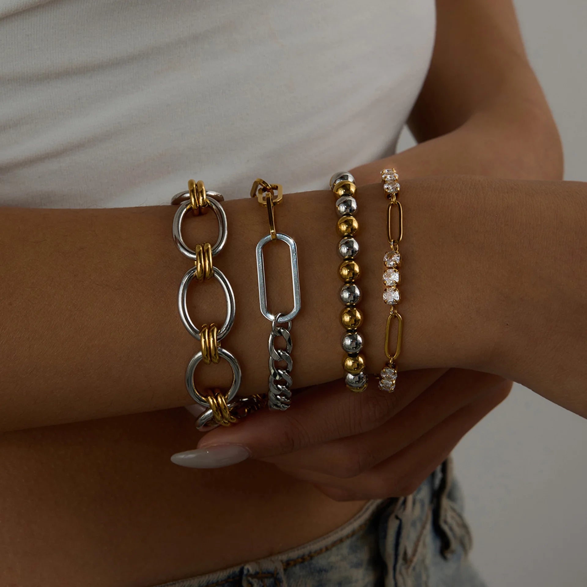 ERESI Minimalist Two Tone Chain Bracelet Stackable 18k Gold Plated Dainty Fashion Jewelry Modern Layered Aesthetic Bracelet
