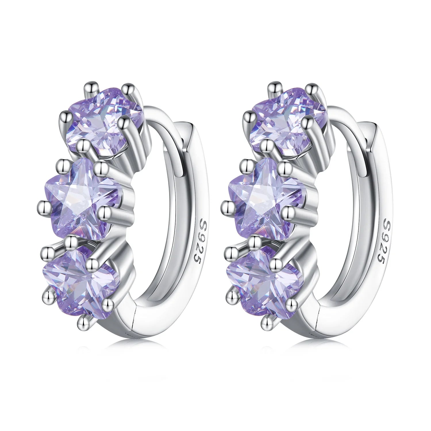 925 Sterling Silver Purple Zircon Stacked Star Ear Buckles Lavender Flower Hoop Earrings for Women Elegant Jewelry Gift SCE1533