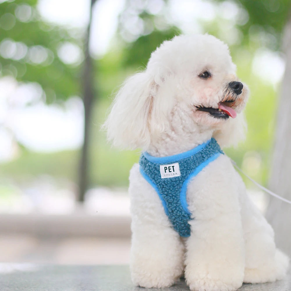 Wholesale Luxury Teddy Velvet Reversible Small Dog Harness Vest Custom Polyester Pet Harness with Lace Decoration Dog Leash Set