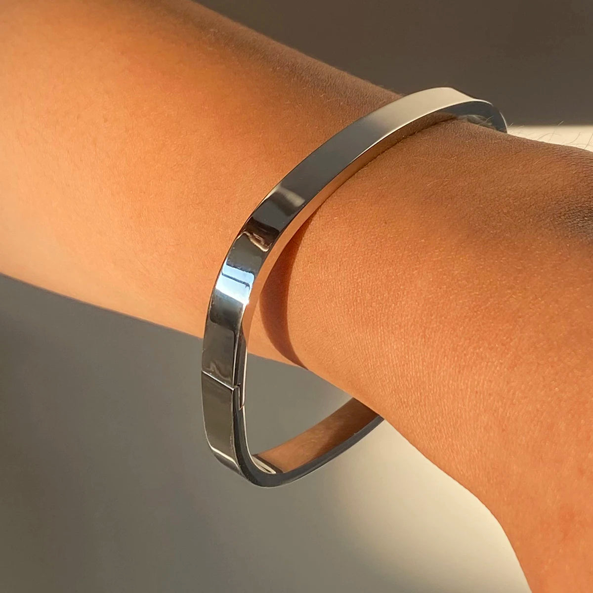 J&D Steel Color Stainless Steel 6mm Square Polished Clasp Bangle Bracelet 50x60mm Classic Square Shape Design