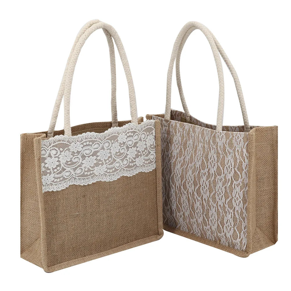 OEM Factory Lace Burlap Shopping Bag Custom Fashion Lace Gift Bag Wholesale Natural Promotional Jute Bag for Lady OEM