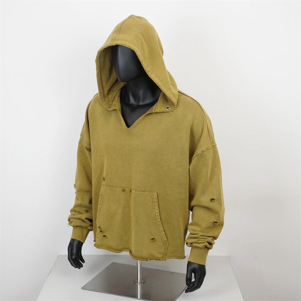 TOPSHOW Streetwear High Quality Vintage Ripped V-neck Blank Drop Shoulder French Terry Acid Wash Distressed Cropped Hoodie Men
