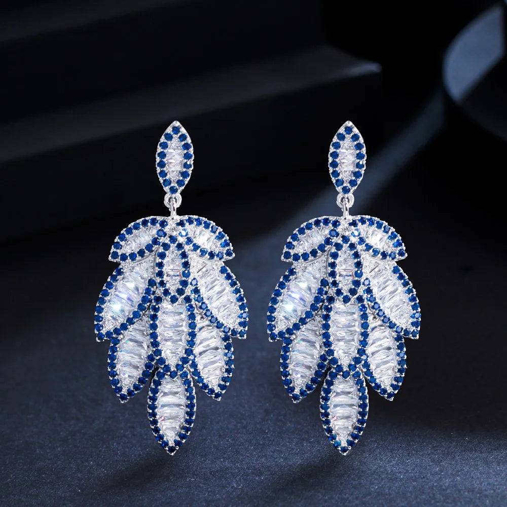 Luxury Full Blue Cubic Zirconia Pave Big Long Feather Leaf Dangle Earrings for Women Statement Wedding Jewelry