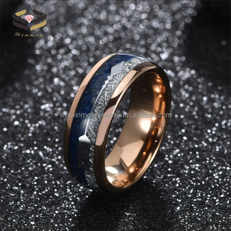 8mm Domed Rose Gold Tungsten Wedding Band Lapis Meteorite Silver Arrow Inlay Trendy Men's Women's Engagement Gift Ring