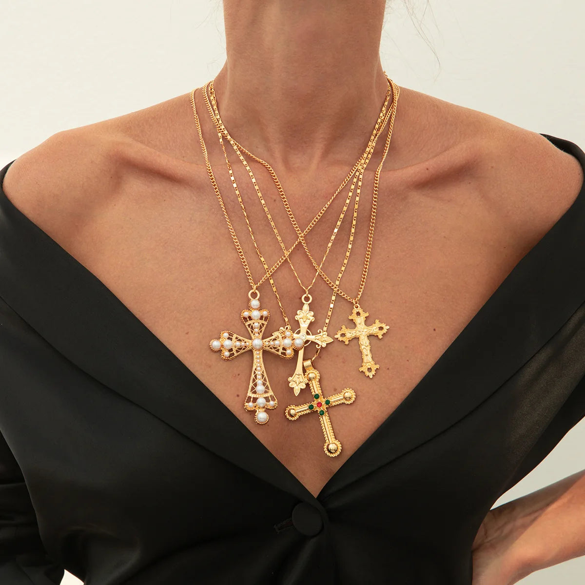 Trendy Statement Chunky Cross Necklace Set Large Long Cross Pendant Pearl Chain Choker Alloy Material Religious Christian Charm