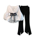 S-3XL Women Korean Spring Lightweight Office 2 Piece Set V-neck Lantern Sleeve Bow Striped Blouse Shirt + Split Pencil Flare