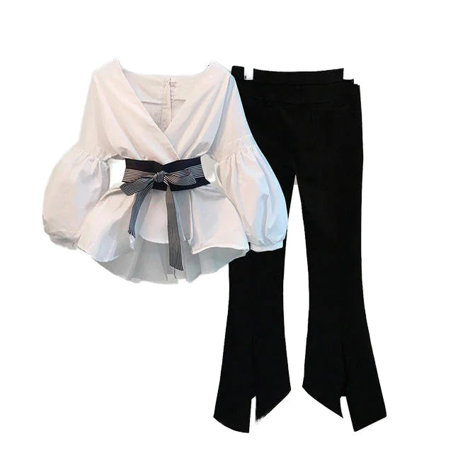 S-3XL Women Korean Spring Lightweight Office 2 Piece Set V-neck Lantern Sleeve Bow Striped Blouse Shirt + Split Pencil Flare