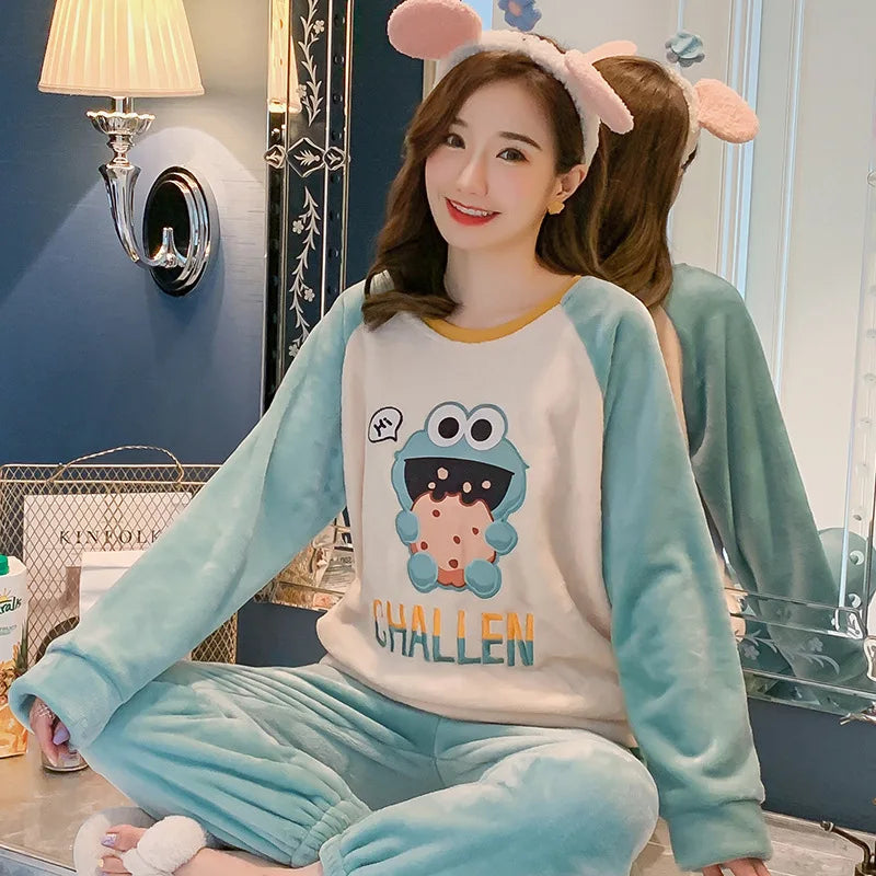 Women's New Cartoon-Inspired Adult Home Clothes Winter Flannel Pajamas Long Sleeve Casual Neck Suit Plus Size Thermal for Summer