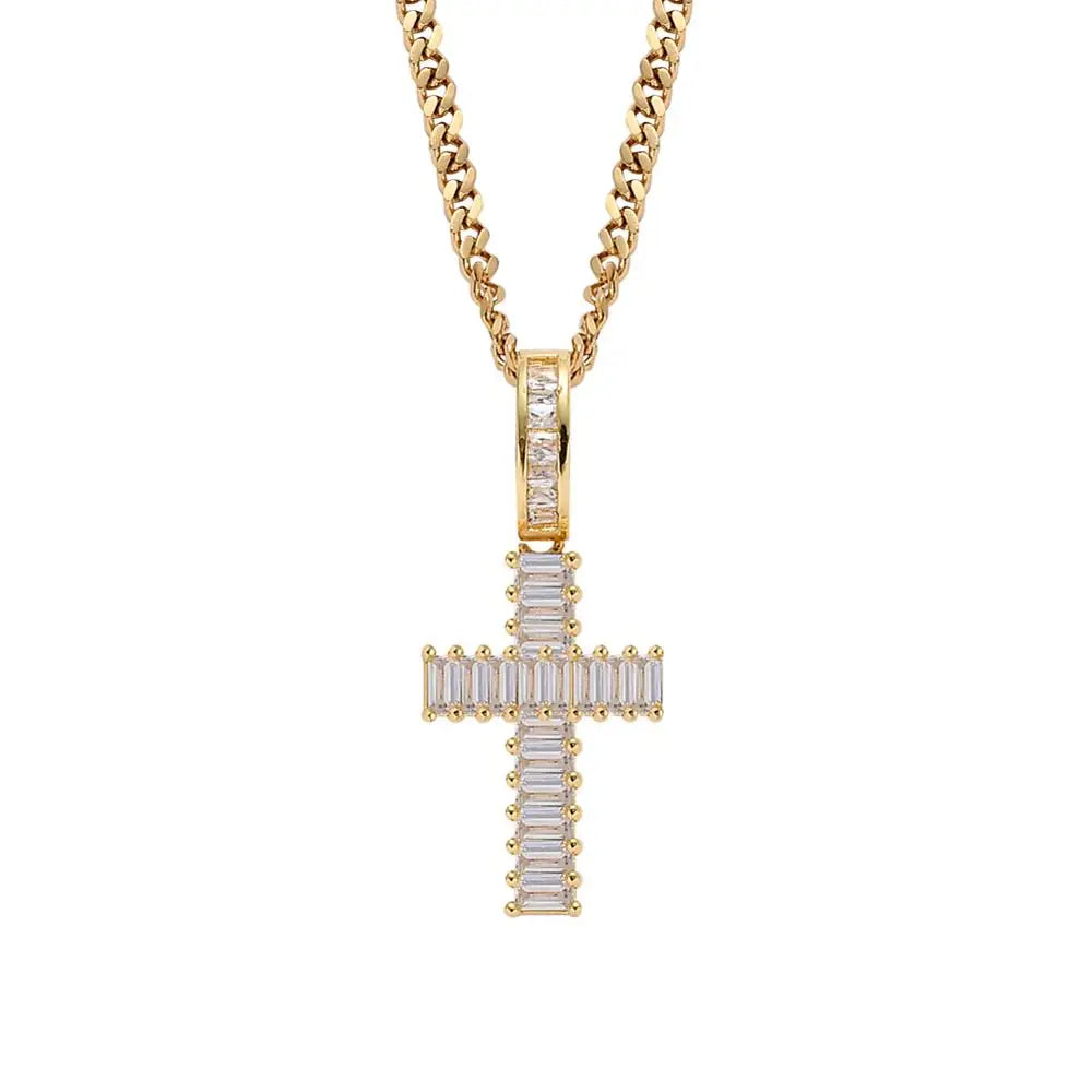 CN146 Gold Plated Iced Out Brass CZ Cross Pendant & Cuban Chain Hip Hop Engagement Necklace