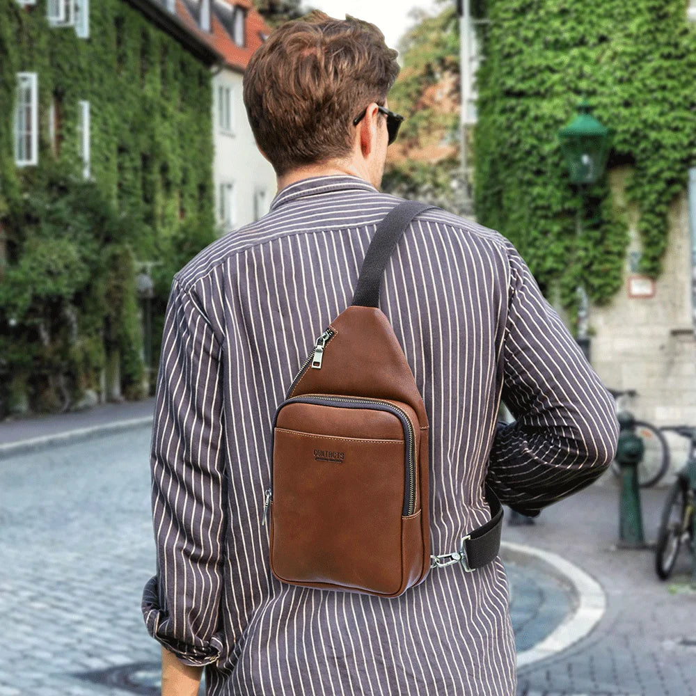 Custom Vintage Men's Genuine Leather Multi-Compartment Sling Chest Bag with Zipper Closure Crossbody Design