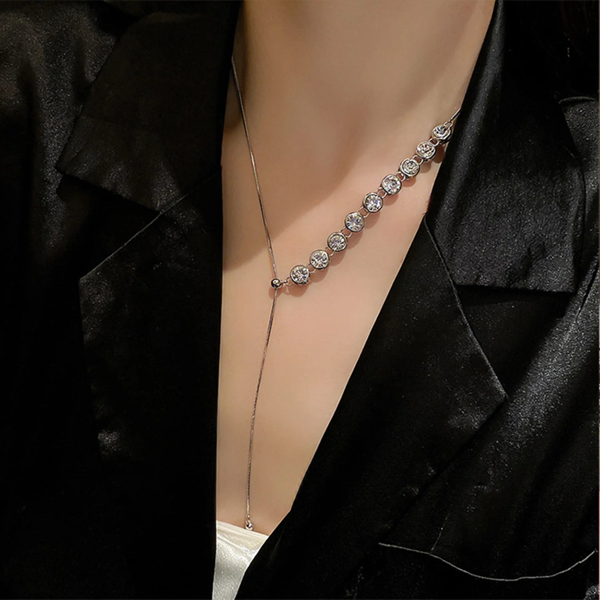 G.T Collar De Cadena Simple Shiny Rhinestone Choker 9 Zircon Beads Stone Diamond Necklace With Adjustable Bead Tassel Necklaces