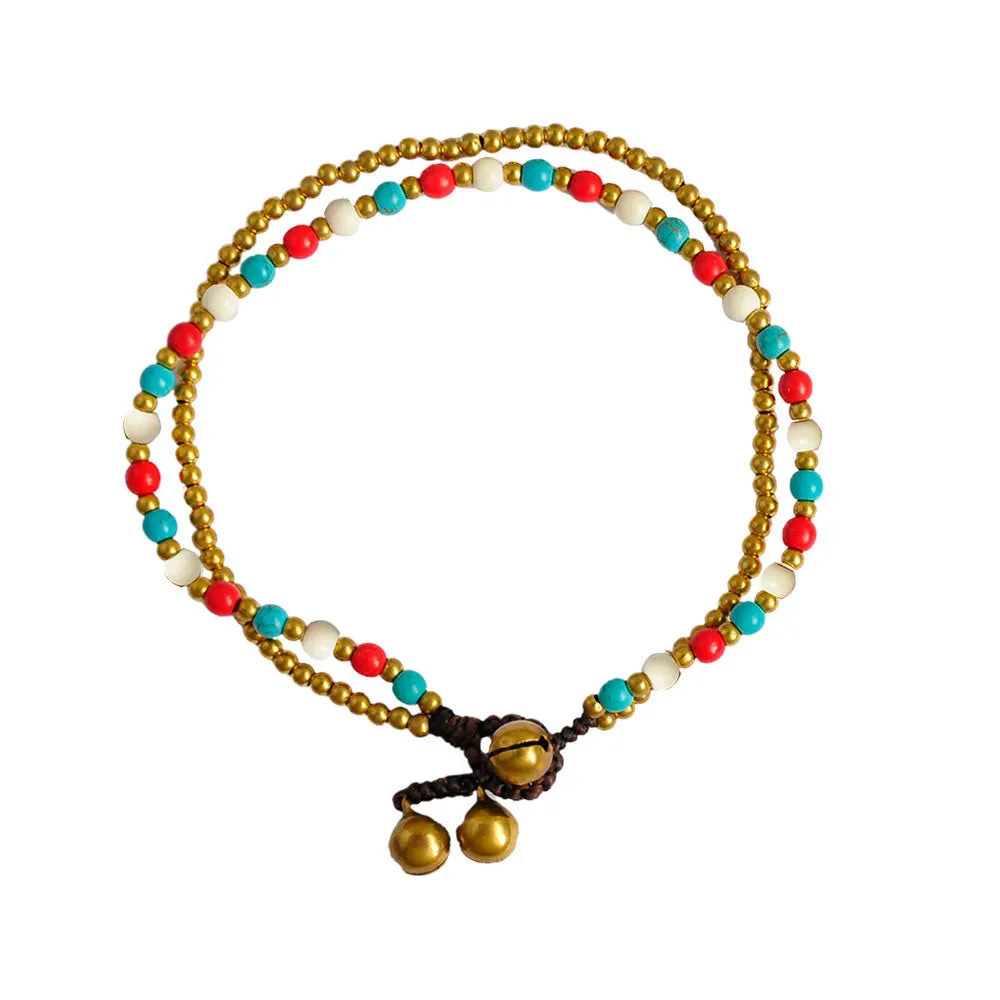 Wholesale Custom Multi-Layer Beaded Anklets Handmade with Waxed Polyester Thread Turquoise & Copper Bell Fashion Style