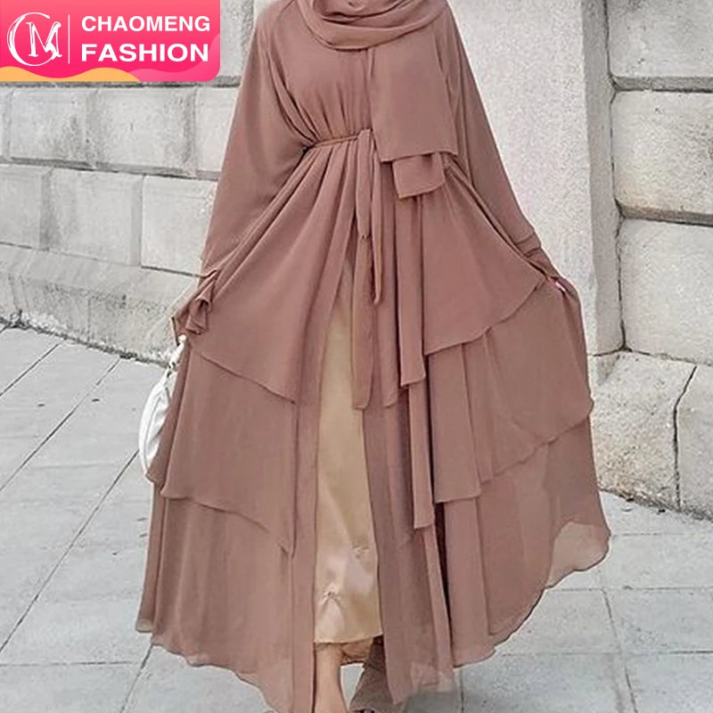 3 Layer Chiffon Solid Open Abaya Kimono Dubai Turkey Kaftan Cardigan Muslim Dresses for Women Islamic Clothing (1896# )