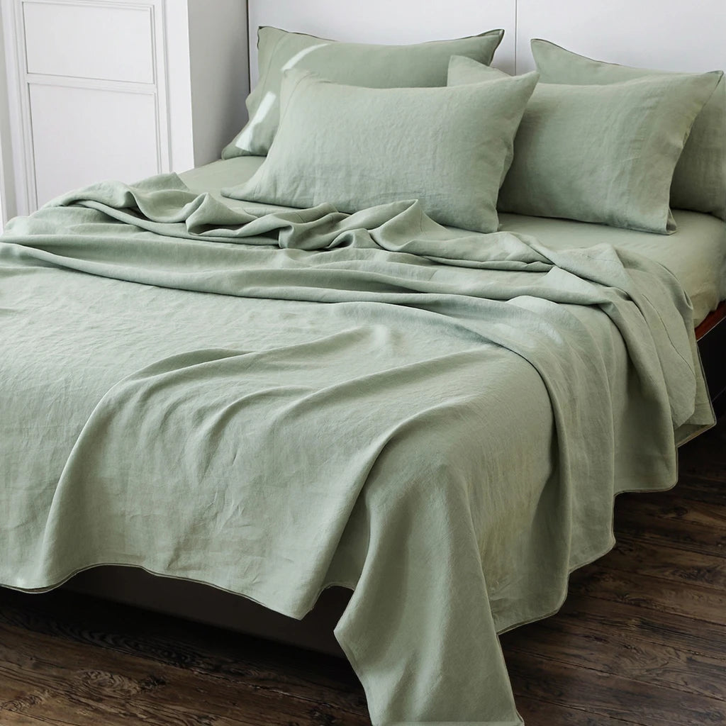 Luxury Natural Sage Green Soften Queen Size king Size Usa French Flax Bed Sheet Pure Linen Duvet Set 100% Linen Sheet Set