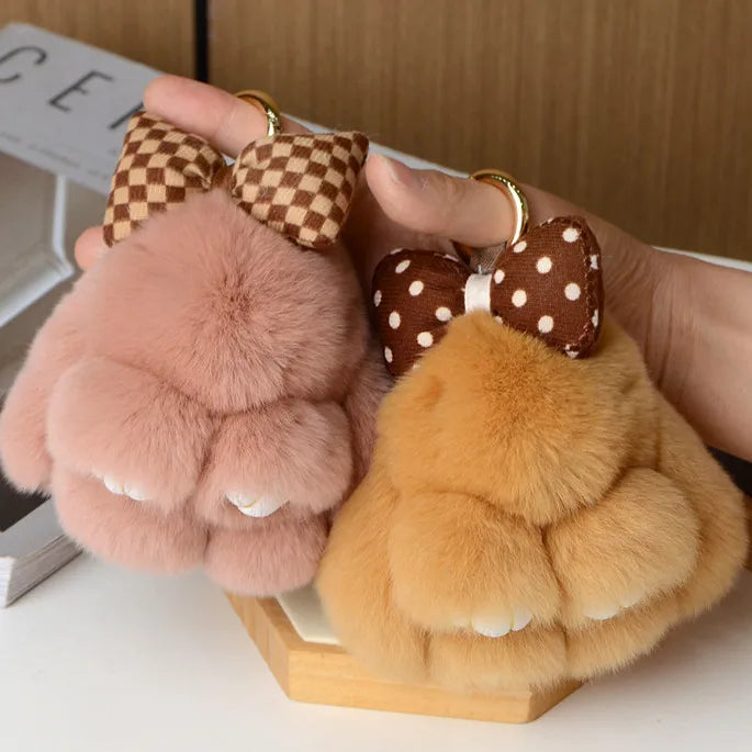 Custom Small Size 12cm Rabbit Fur Plush Keyrings Gift Cute Bow Bunny Keychain Soft Fluffy Kids Toys Handbag Accessory