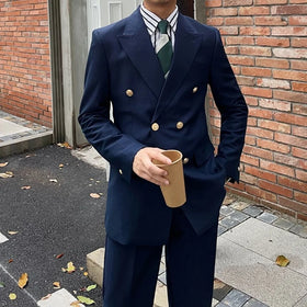 2026 Wholesale Dark Blue Gun Lapel Metal Buckle Business Double Breasted Suit Men for Wedding Suits