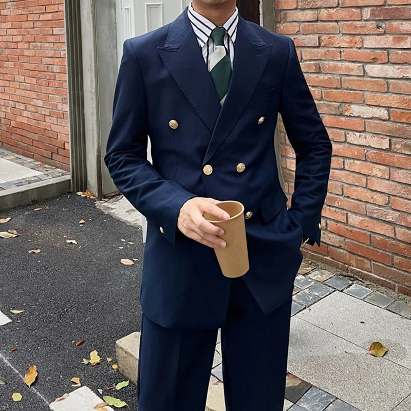 2026 Wholesale Dark Blue Gun Lapel Metal Buckle Business Double Breasted Suit Men for Wedding Suits