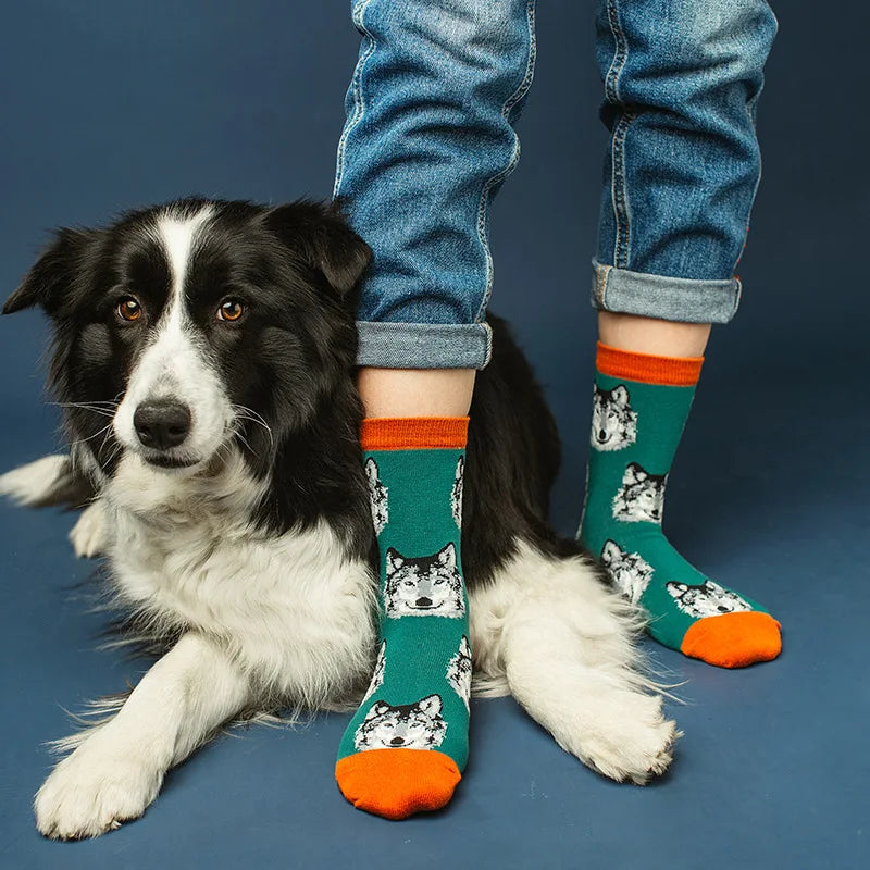 XIANGHUI 2020 Wholesale Custom Women Fashion Funny Dress Jacquard Tube Cotton Cartoon Dog Crew Socks