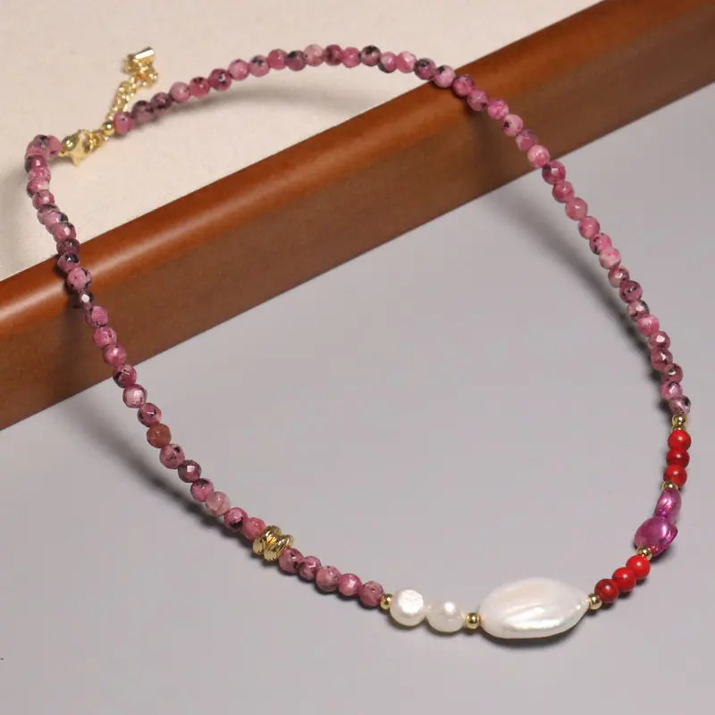 New Arrival Semi-precious Gemstone Choker Natural Stone Rhodolite Beaded Necklace Baroque Pearl Jewelry for Women Girls Gift
