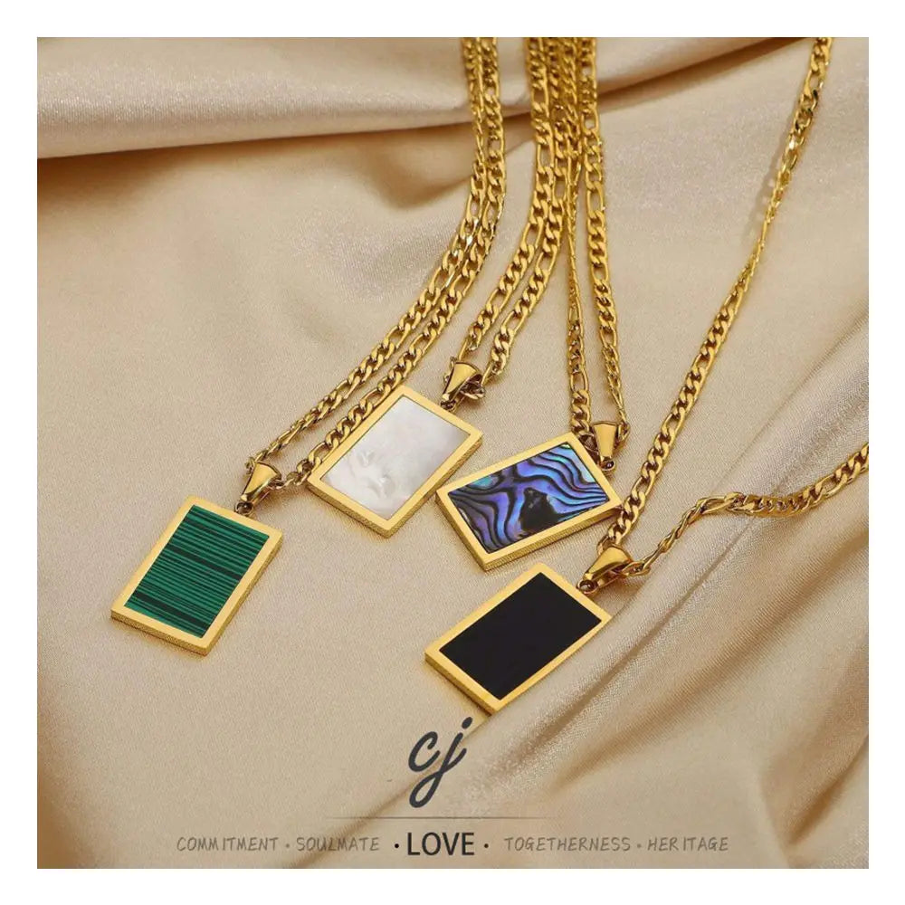 Carline Women's Simple Square Pendant Necklace Colorful Zircon Cuban Style Stainless Steel with Gold Plating Trendy Jewelry