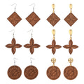 Dropping Shipping Simple Retro Ethnic Style Carved Coffee Wood Earrings 2022 New Design Fashion Flower Shape Wood Drop Earring