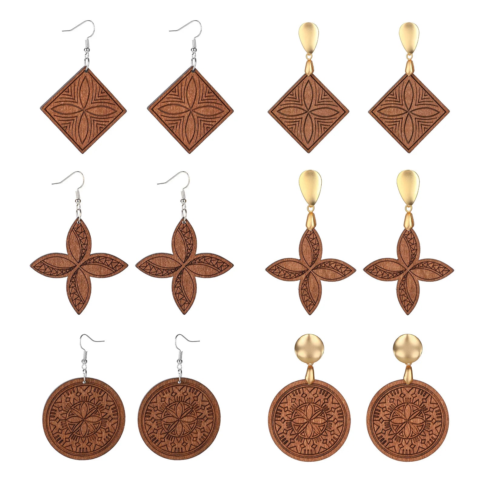 Dropping Shipping Simple Retro Ethnic Style Carved Coffee Wood Earrings 2022 New Design Fashion Flower Shape Wood Drop Earring
