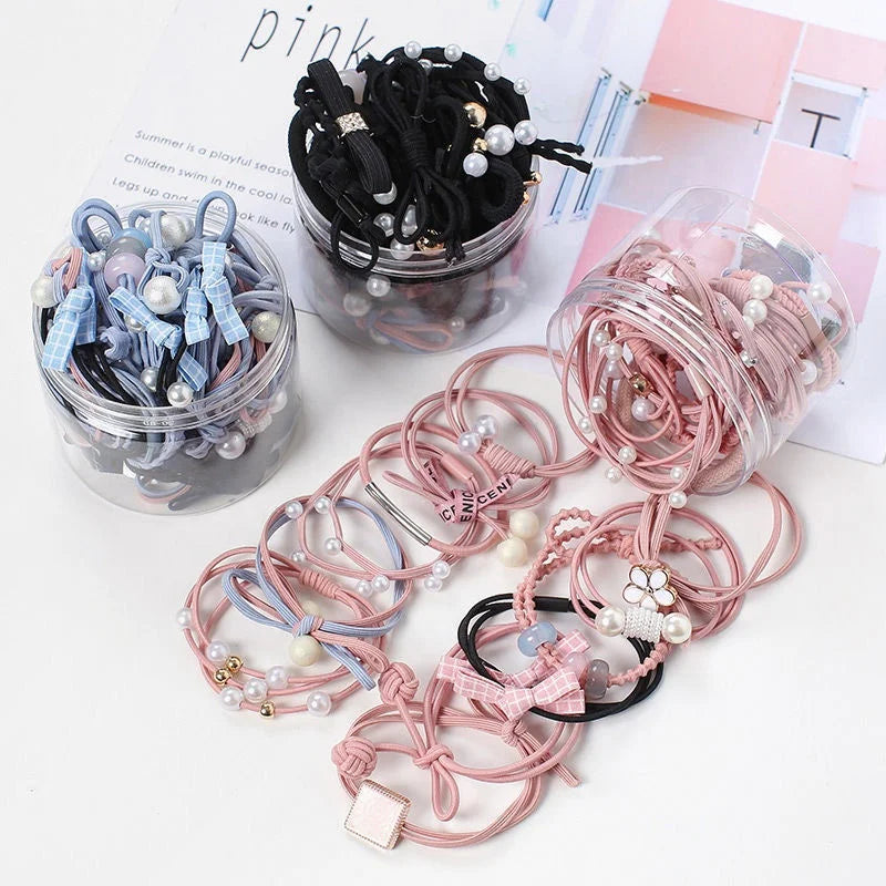 MIO Fashion Ladies Hair Accessories Mixed Color Nylon Charm Pearl Rubber Band Elastic Headband