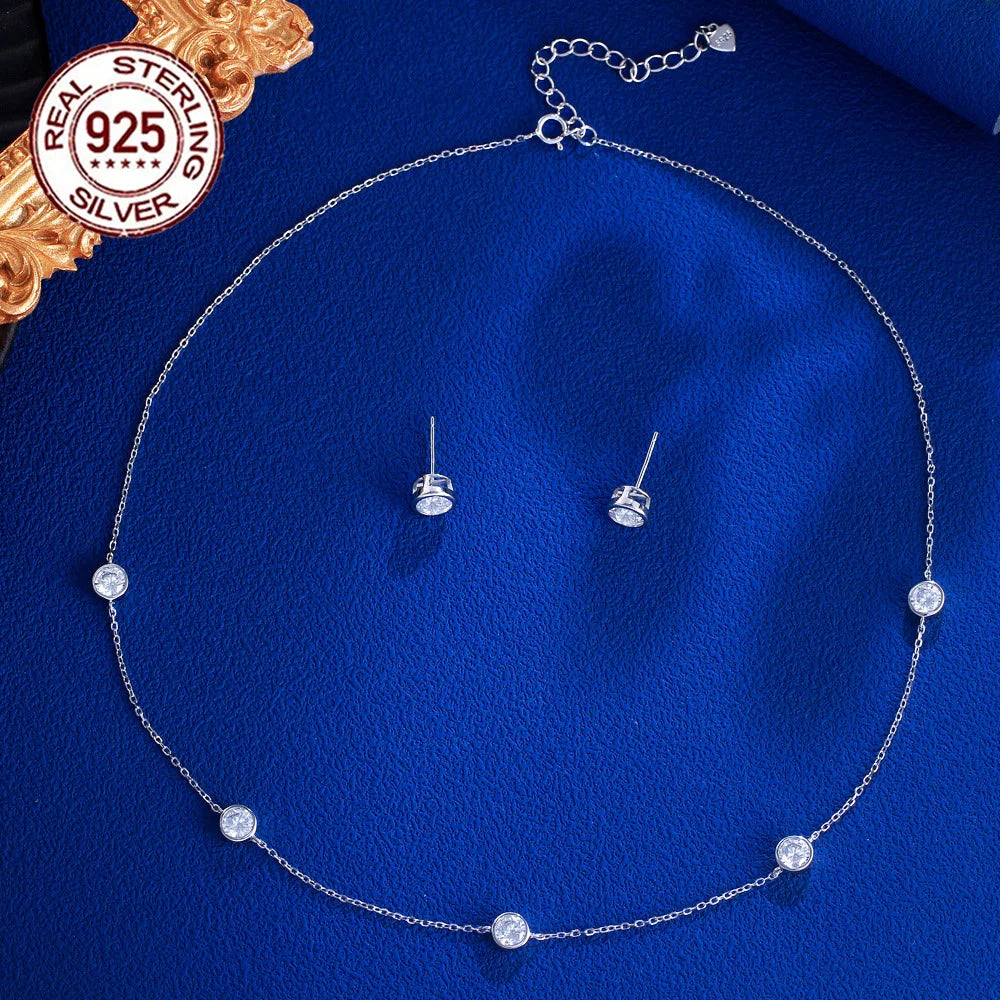 Fine Jewelry Shimmering Bezel Setting Cubic Zircon Necklace and Stud Earrings Women 925 Sterling Silver Chain Jewelry Set